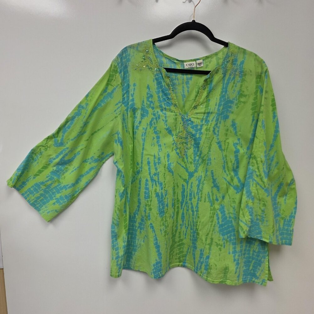 Cato Shirt Womens 22/24W Green Blue Embroidered Boho V Neck 3/4 Sleeve Tunic Top